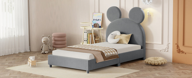 Twin Size Upholstered Platform Bed with Bear Ear Shaped Headboard, Gray