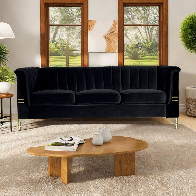 Fx-P82-Bk (Sofa) Modern Sofa Couches For Living Room, Velvet Tight Back Chesterfield Design Couch Upholstered Sofa With Metal Legs Decor Furniture For Bedroom - Black