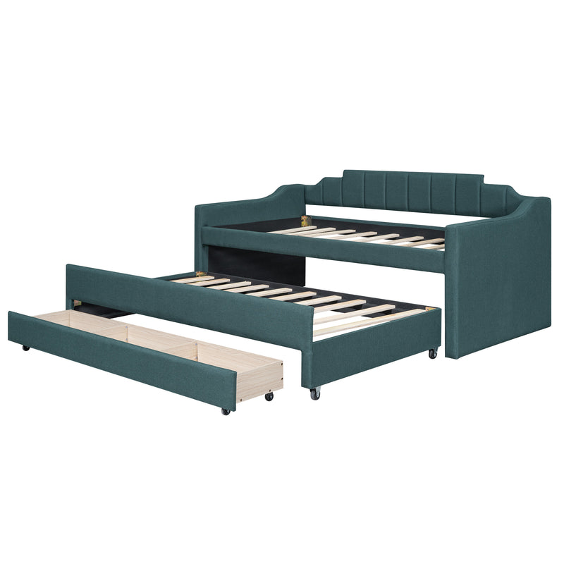 Twin Size Upholstered Daybed with Trundle and Three Drawers,Green