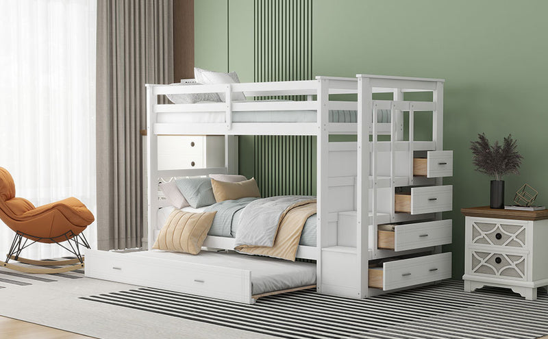 Twin Over Twin Bunk Bed with Trundle and Staircase,White(OLD SKU:LT000068AAK)