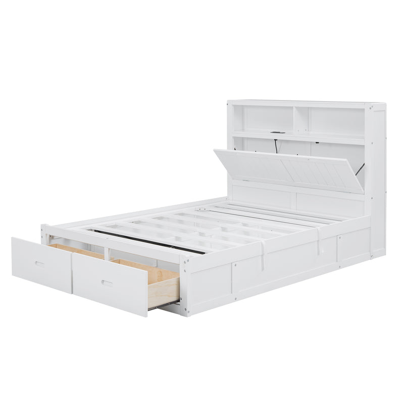 Wood Full Size Hydraulic Platform Bed with Storage LED Headboard, Charging Station and 2 Drawers, White