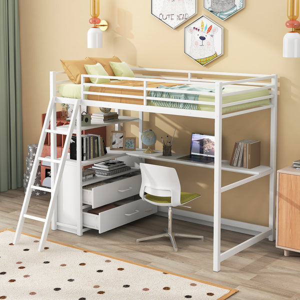 Twin Size Metal&Wood Loft Bed with Desk and Shelves, Two Built-in Drawers, White