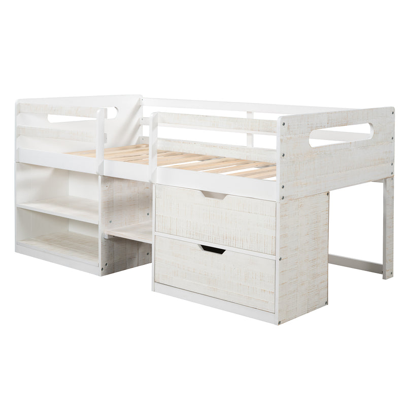 Twin size Loft Bed with Two Shelves and Two drawers (Antique White)