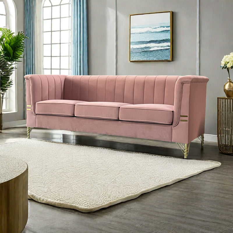 FX-P82-PK(SOFA) Modern Designs Velvet Upholstered Living Room Sofa, 3 Seat Sofa Couch With Golden Metal Legs For Home, Apartment Or Office - Pink