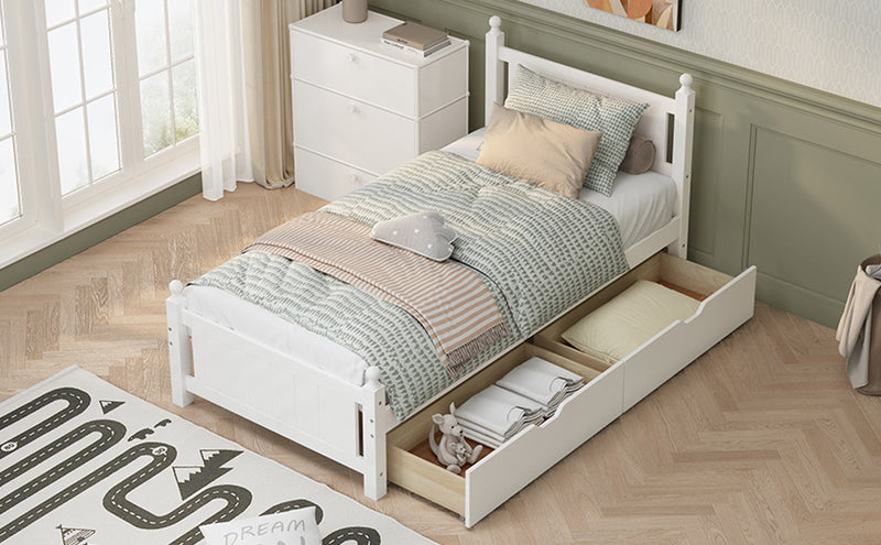 Twin Size Solid Wood Platform Bed Frame with 2 drawers for Limited Space Kids, Teens, Adults, No Need Box Spring, White