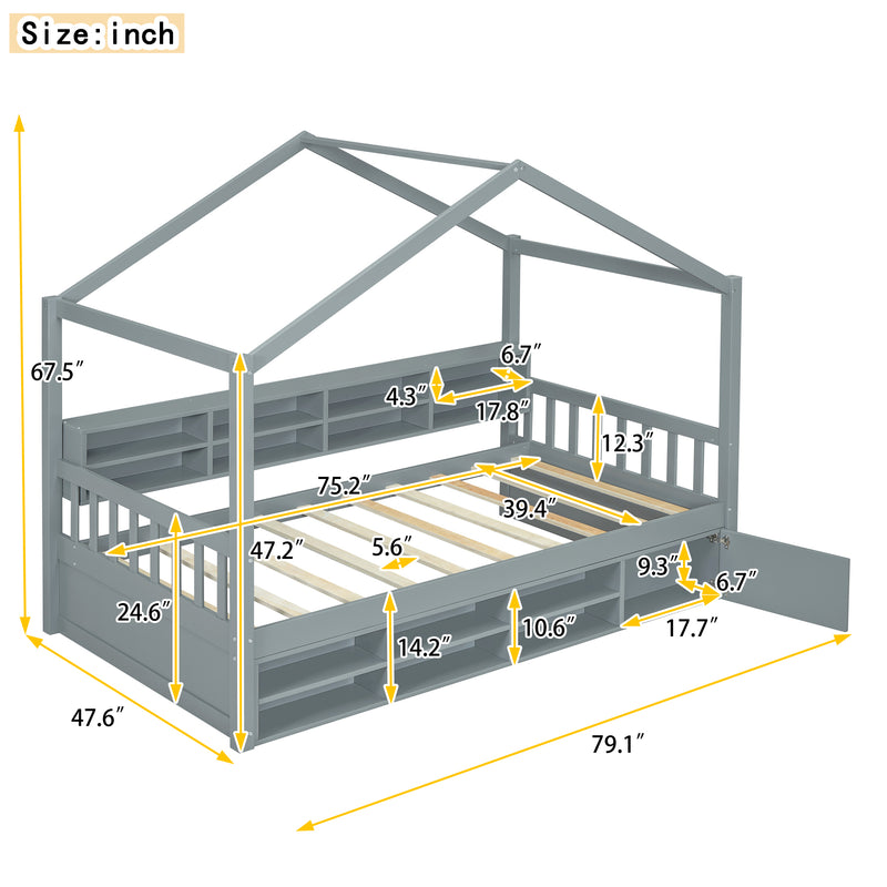 Twin Size Wooden House Bed with Shelves and a Mini-cabinet, Gray