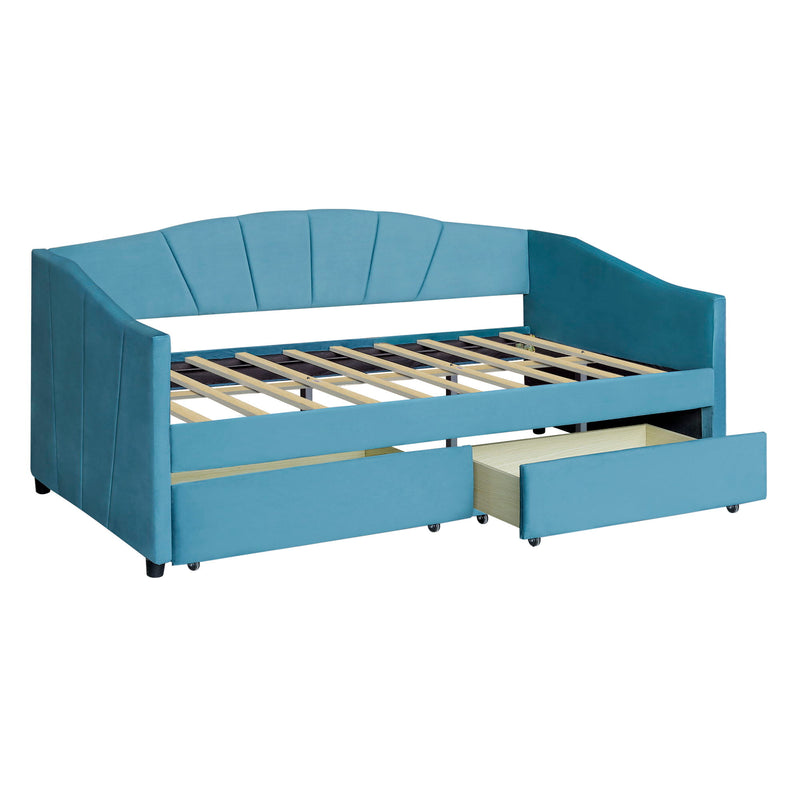 Twin Size Upholstered Daybed With Two Drawers And Wood Slat - Blue