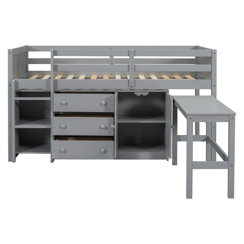 Twin Size Low Loft Bed With Pull-Out Desk, Drawers, Cabinet, and Shelves for Grey Color