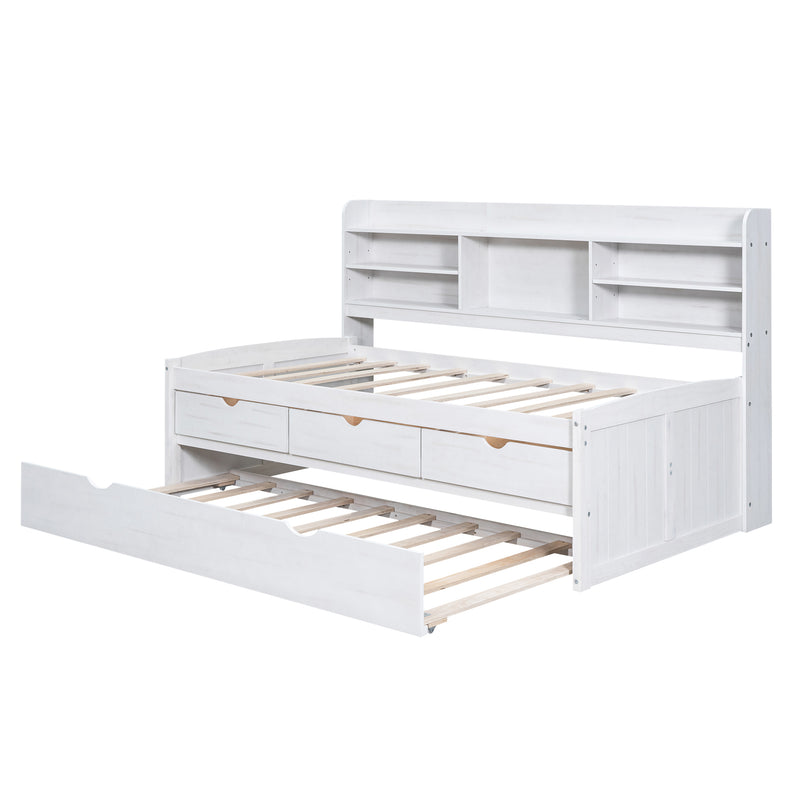 Twin Size Wooden Captain Bed with Built-in Bookshelves,Three Storage Drawers and Trundle, White Wash