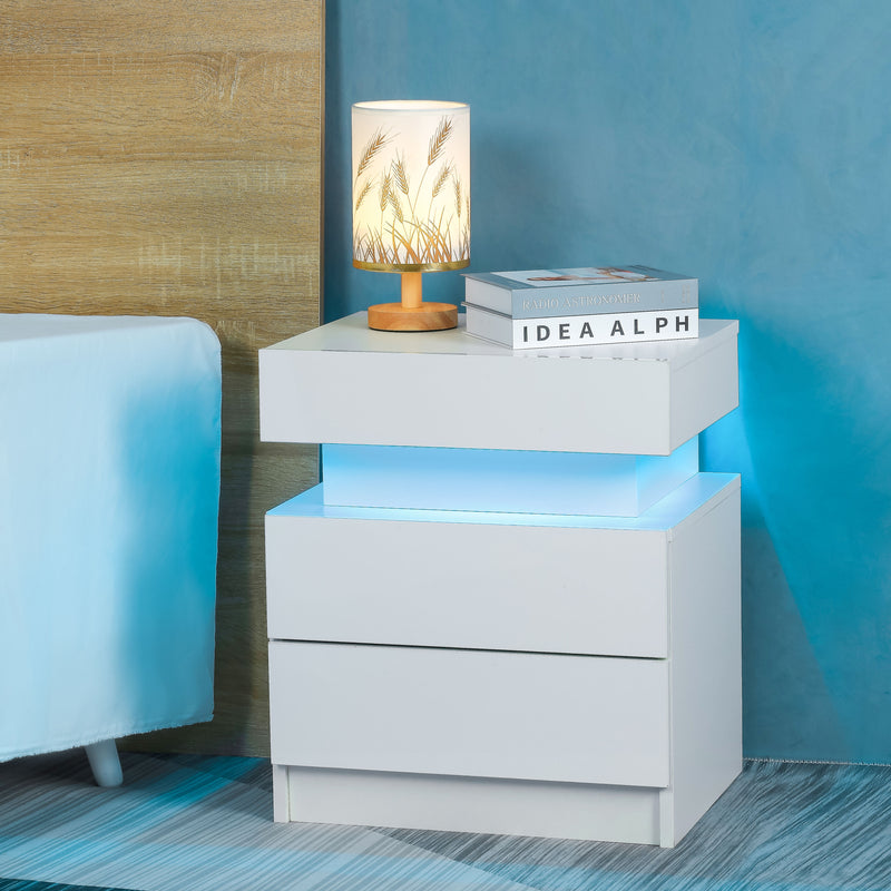 Nightstand With LED Lights Wood LED Bedside Table Nightstand With 2 High Gloss Drawers For Bedroom