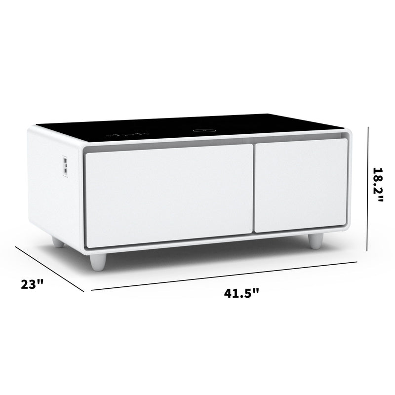 Modern Smart Coffee Table With Built-In Fridge, Bluetooth Speaker, Wireless Charging, Touch Control Panel, USB Ports, Outlet Protection, Atmosphere Light - White