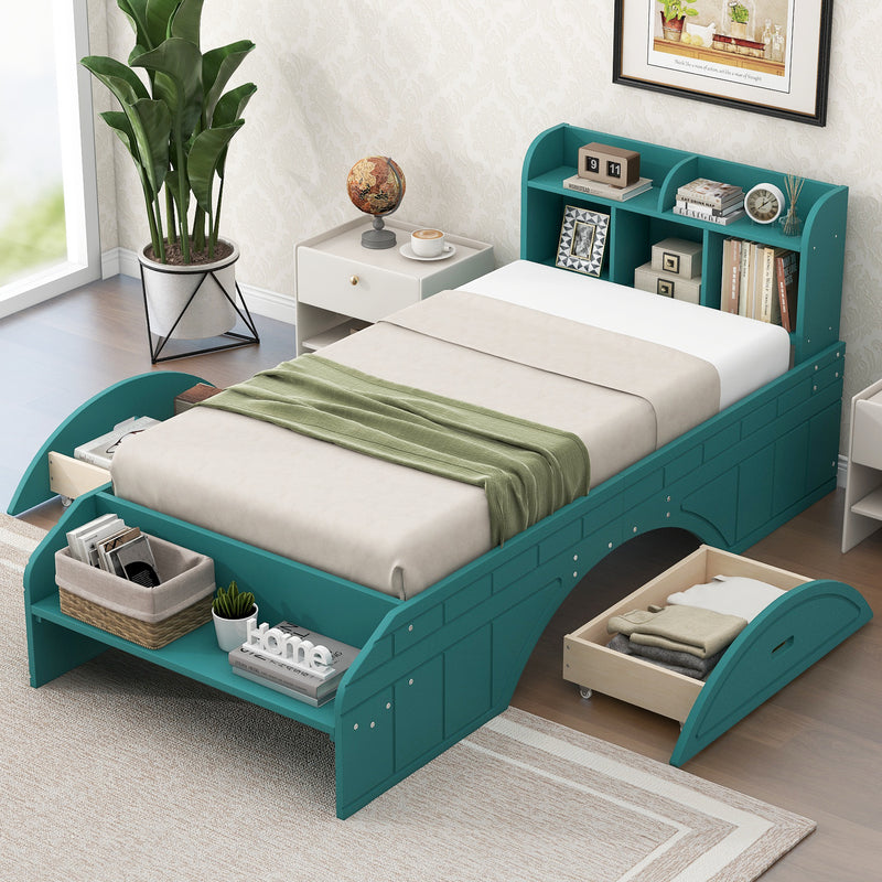 Wood Twin Size Platform Bed with 2 Drawers, Storage  Headboard and Footboard, Dark Green