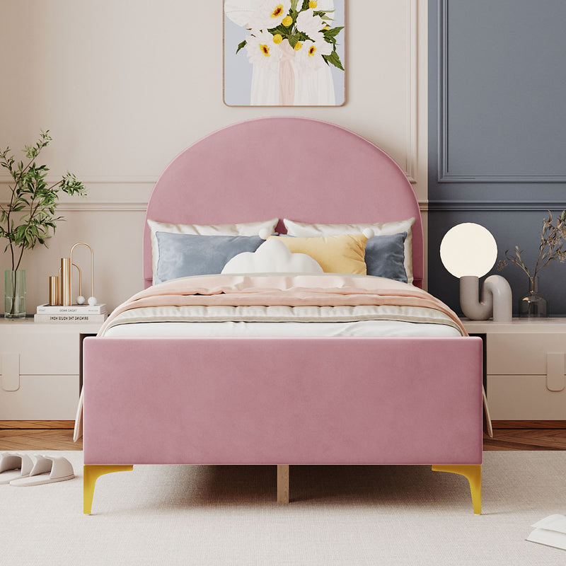 Twin Size Upholstered Platform Bed with Classic Semi-circle Shaped headboard and Mental Legs, Velvet, Pink