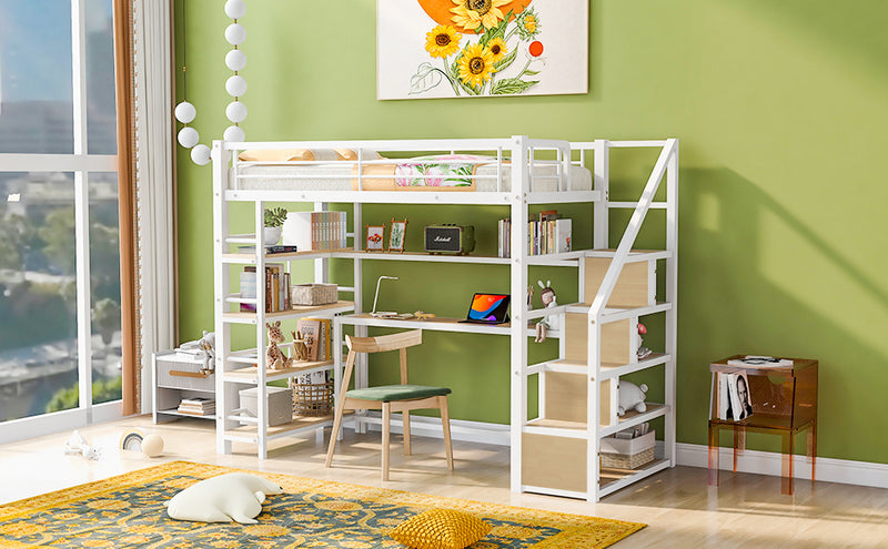 Twin Size Metal Loft bed with Staircase, Built-in Desk and Storage Shelves, White