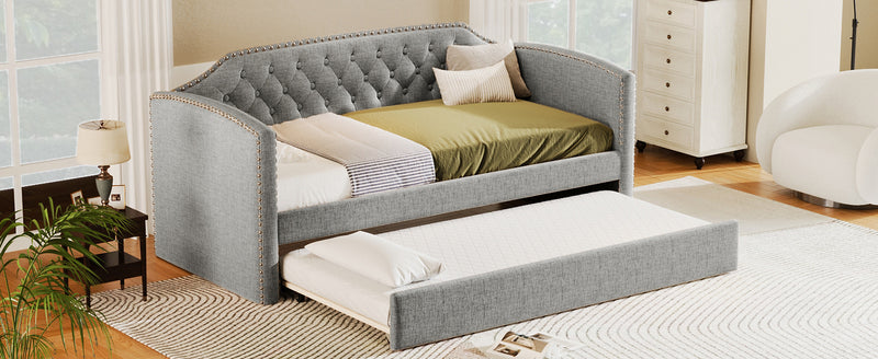 Twin Size Upholstered Daybed with Trundle for Guest Room, Small Bedroom, Study Room, Gray