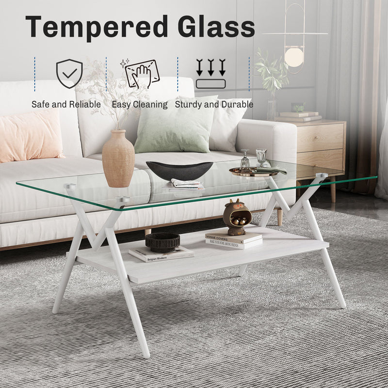 Rectangle Coffee Table With Tempered Glass Top And Shelf, Modern Table For Living Room