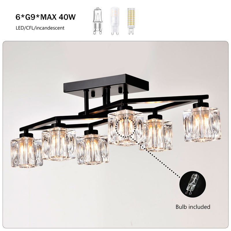 6 Light Crystal Ceiling Light For Dining Room, Modern Ceiling Lamp With Light Fixture For Farmhouse Entryway Living Room (6*G9 Bulbs Included) - Matte Black