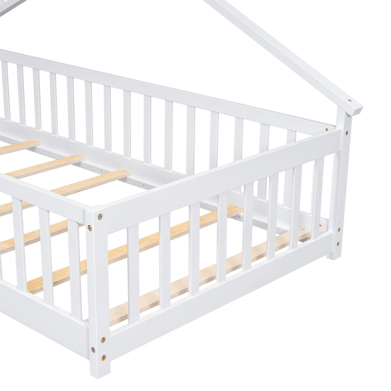 Twin House-Shaped Bedside Floor Bed with Guardrails, Slats, with Door,White