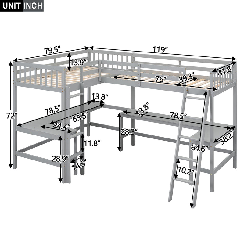 Wood Twin Size L-Shaped Loft Bed with Ladder and 2 Built-in L-Shaped Desks, Gray