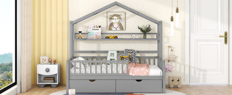 Wooden Twin Size House Bed with 2 Drawers,Kids Bed with Storage Shelf, Gray