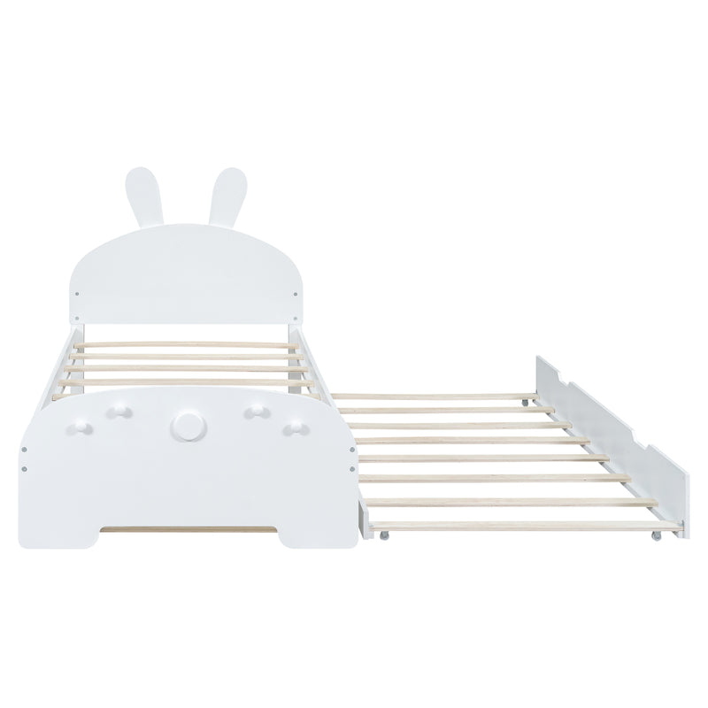 Wood Twin Size Platform Bed with Cartoon Ears Shaped Headboard and Trundle, White