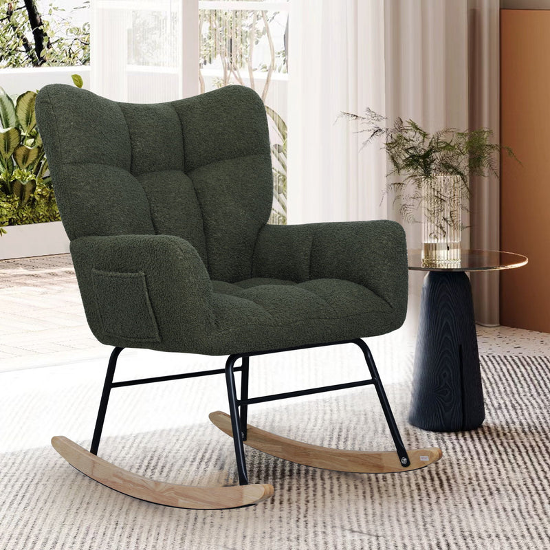 Teddy Rocking Chair, Upholstered Rocker Armchair With High Backrest, Modern Rocking Accent Chair For Nursery, Living Room