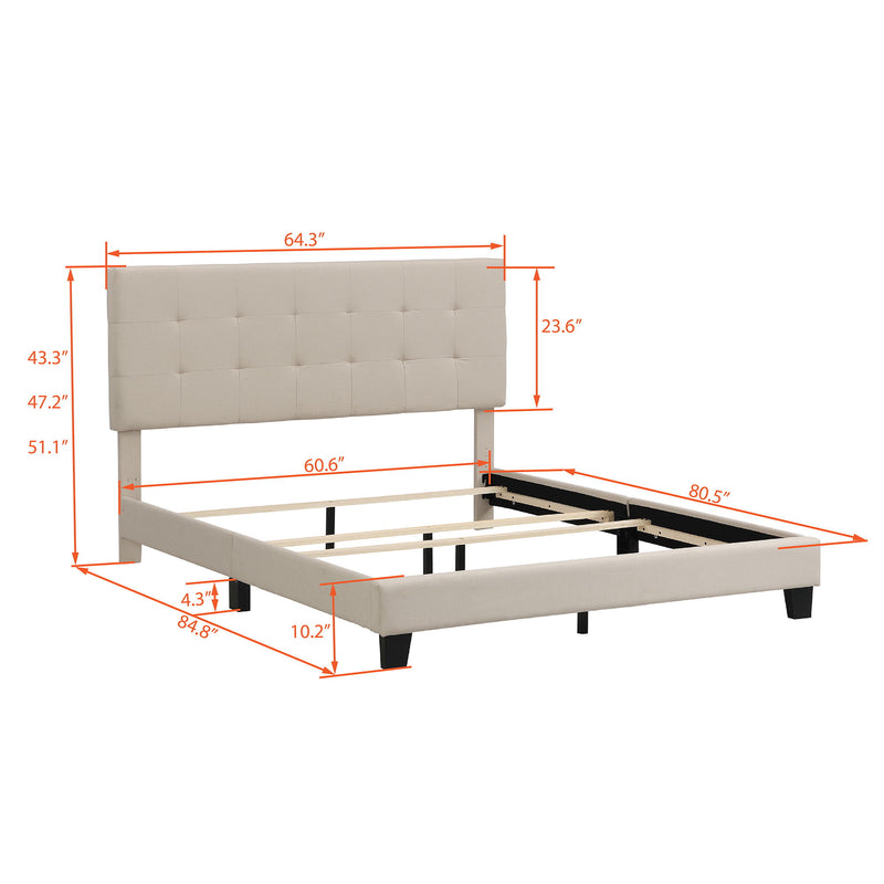 Queen Size Upholstered Platform Bed With Tufted Headboard, No Box Spring Needed - Beige