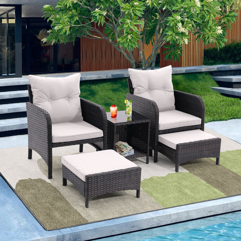 5 Piece Outdoor Patio Furniture Set, All Weather PE Rattan Conversation Chairs With Armrest And Removable Cushions, Ottomans And Storage Coffee Table For Poolside Garden Balcony