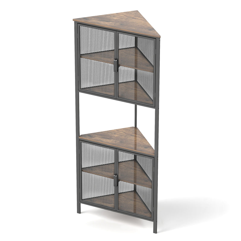 5 Tier Shelves With Metal Mesh Door, Bookcase Storage Shelf Corner Shelf For Small Space, Living Room - Black / Brown