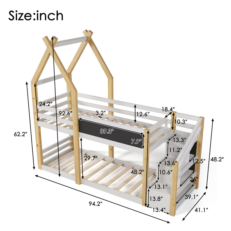 Twin over Twin House Bunk Bed with White Storage Staircase and Blackboard, White and Natural