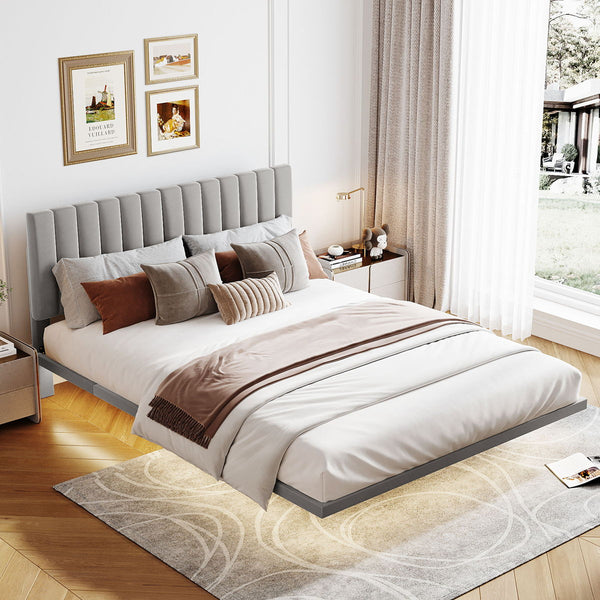 Queen Size Upholstered Bed With Sensor Light And Headboard, Floating Velvet Platform Bed - Gray