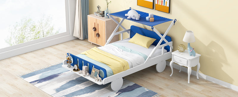 Wood Twin Size Car Bed with Ceiling Cloth, Headboard and Footboard, White+Blue