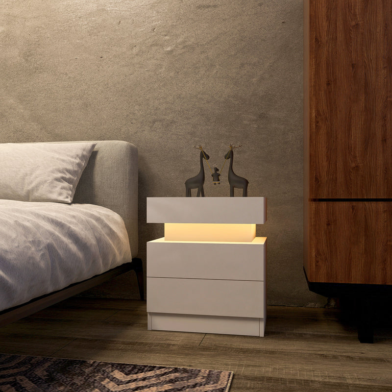 Nightstand With LED Lights Wood LED Bedside Table Nightstand With 2 High Gloss Drawers For Bedroom