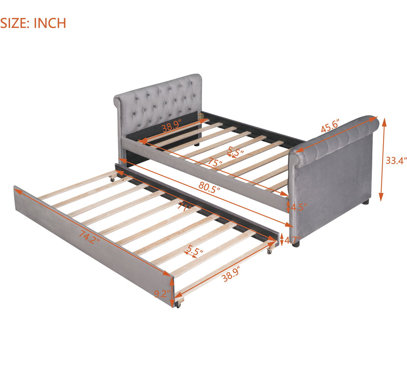 Twin Size Upholstered Daybed With Trundle, Wood Slat Support - Gray