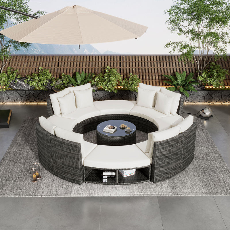 Outdoor Patio Furniture Luxury Circular Sofa Set Rattan Wicker Sectional Sofa Lounge Set With Tempered Glass Coffee Table, 6 Pillows