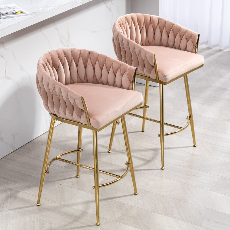 Counter Height Bar Stools (Set of 2) Kitchen Island Counter Bar Stool With Hand-Wave Back, Golden Chromed Base And Footrest - Pink