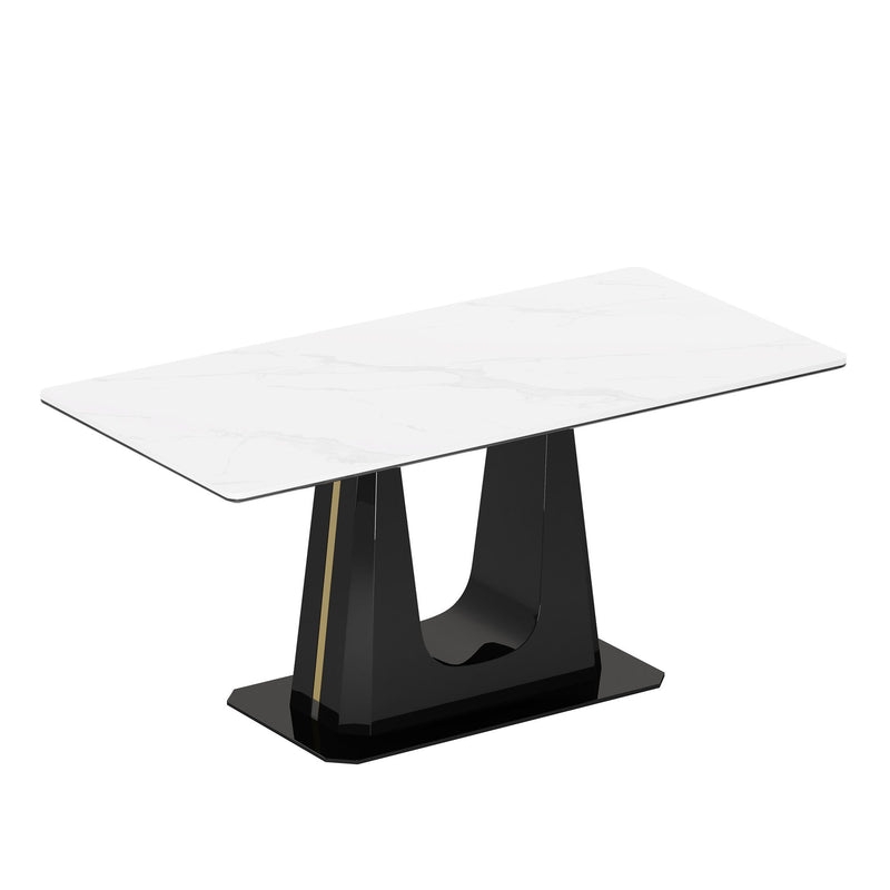 Dining Table (Set of 5), Sintered Stone Composite Tempered Glass Top Rectangular Dining Table With Stainless Steel Base And Four Leatherette Dining Chairs - White / Black