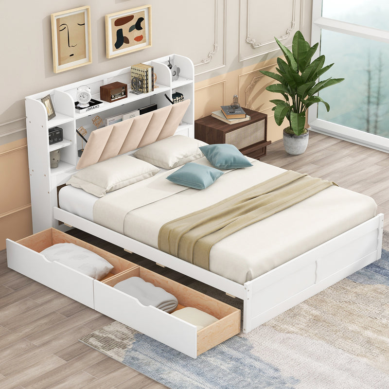 Wood Queen Size Platform Bed with Storage Headboard, Shelves and 2 Drawers, White