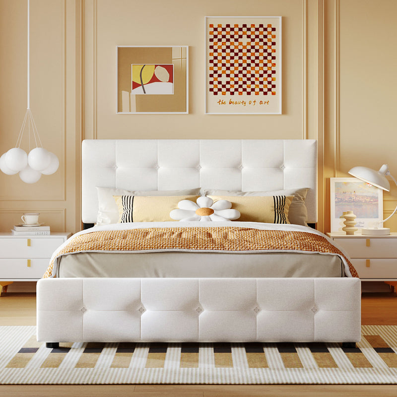 Upholstered Platform Bed with Classic Headboard and 4 Drawers, No Box Spring Needed, Linen Fabric, Queen Size White