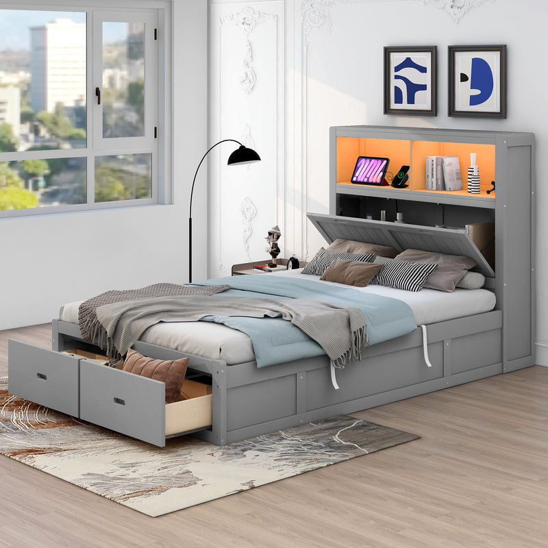 Wood Full Size Hydraulic Platform Bed with Storage LED Headboard, Charging Station and 2 Drawers, Gray