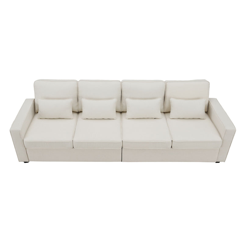 4 Seater Modern Linen Sofa With Armrest Pockets And 4 Pillows, Minimalist Style Couch For Living Room