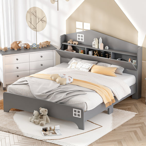 Wooden Full Size House Bed with Storage Headboard ,Kids Bed with Storage Shelf,Grey