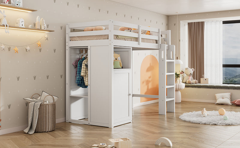 Twin Loft Bed with Wardrobe, Storage Shelves and Ladder, White