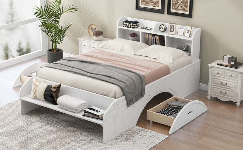 Wood Full Size Platform Bed with 2 Drawers, Storage  Headboard and Footboard, White