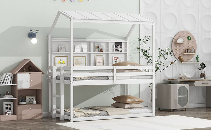 Twin House Loft Bed With Guardrails, Semi-Enclosed Roof, Bedside Shelves And Ladder - White