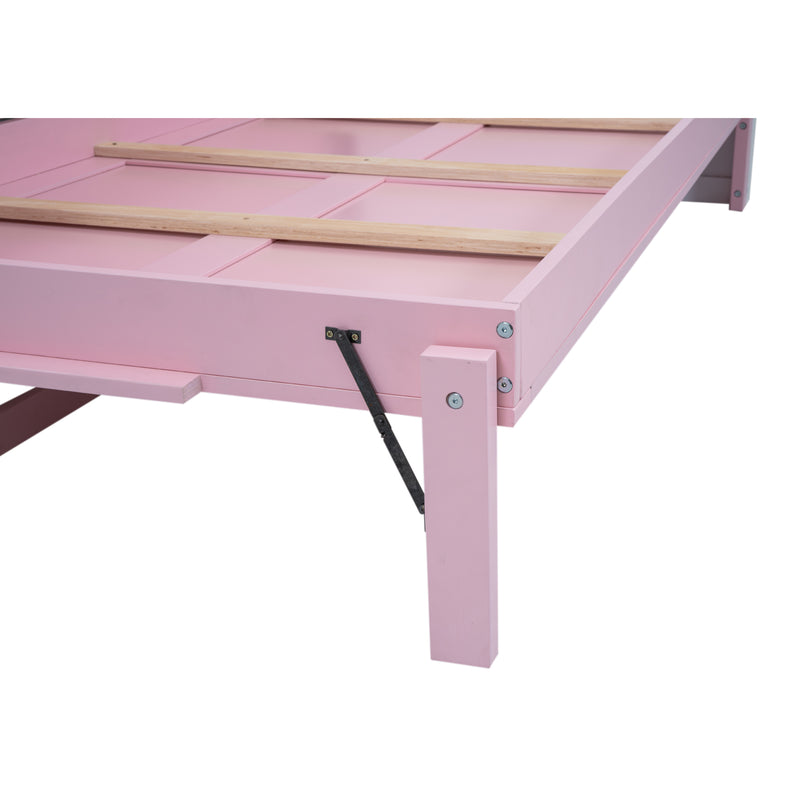 Wood Twin Size House Murphy Bed with USB, Storage Shelves and Blackboard, Pink+White