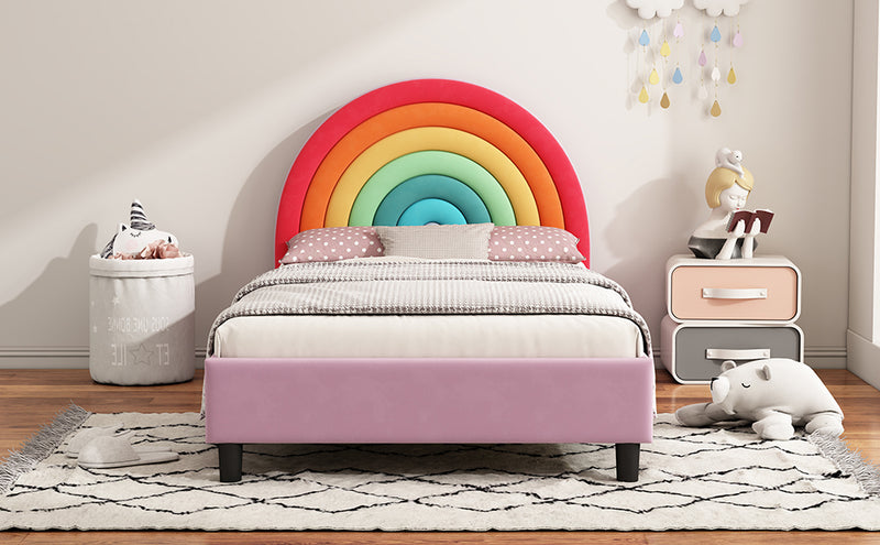 Rainbow Design Upholstered Twin Platform Bed Cute Style Princess Bed for Boys & Girls, Teens, Colorful & Pink