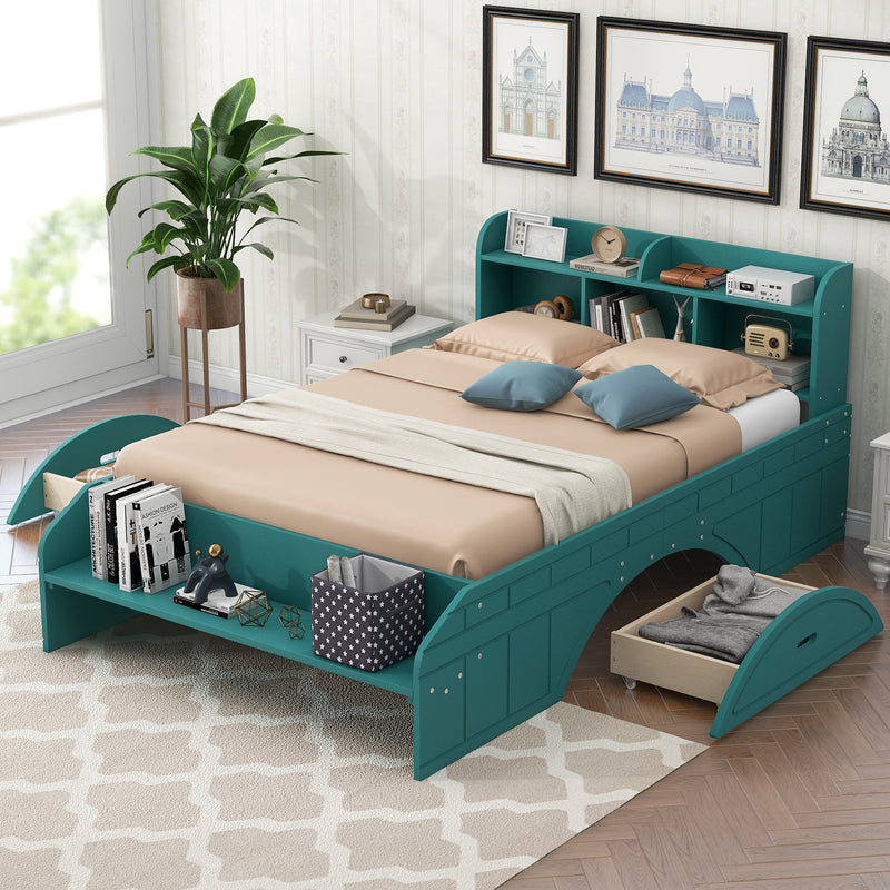 Wood Full Size Platform Bed with 2 Drawers, Storage  Headboard and Footboard, Dark Green