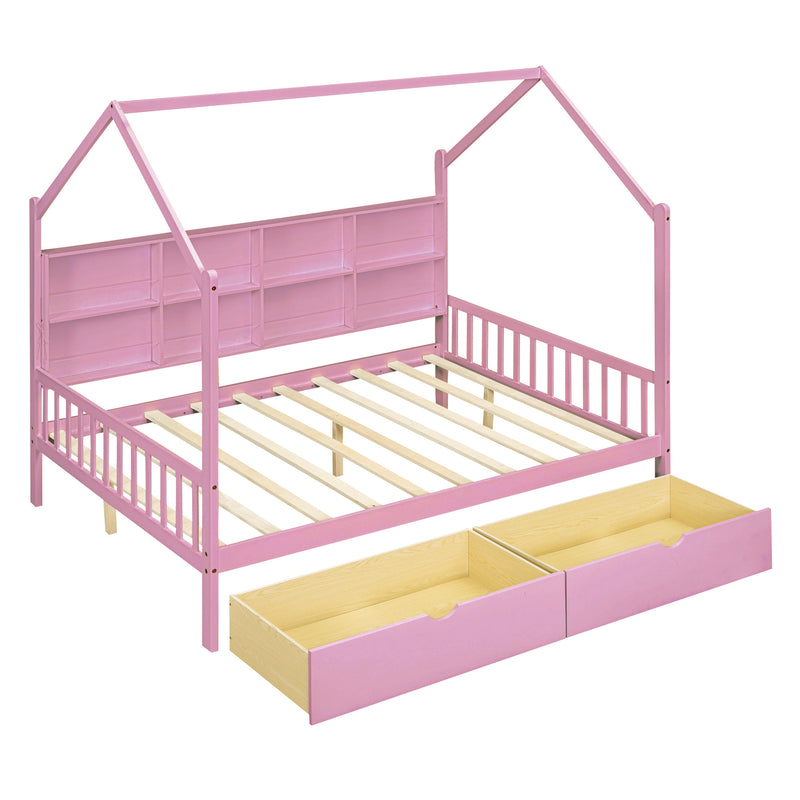 Wooden Full Size House Bed with 2 Drawers,Kids Bed with Storage Shelf, Pink