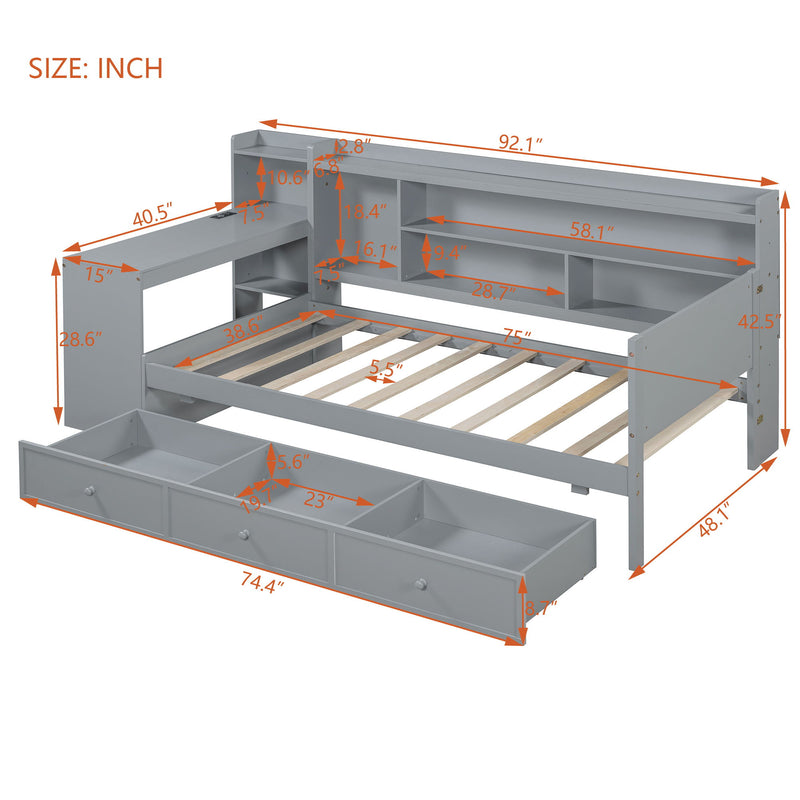 Twin Size Wooden Daybed With 3 Drawers, USB Ports And Desk - Gray